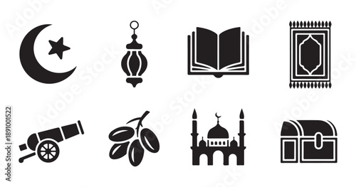 Islamic ramadan holiday icons with crescent moon lantern quran prayer rug cannon dates mosque chest