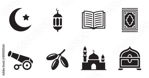 Islamic cultural symbols set crescent moon star lantern prayer rug mosque cannon illustration