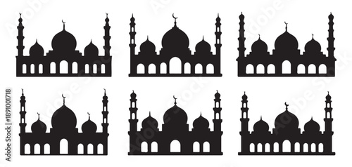 Various Islamic mosque silhouettes showcasing diverse architectural features domes and tall minarets
