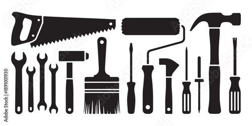 Hardware tools collection silhouette featuring various wrenches saws hammers screwdrivers and painting rollers