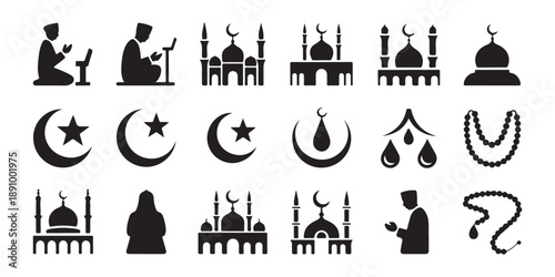 Set of islam icons isolated on white background depicting praying people, mosques, crescent moon and star