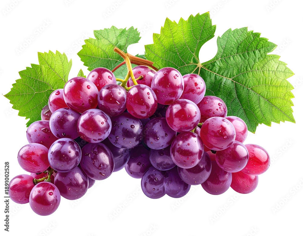 Fototapeta premium Bunch of ripe, red grapes with leaves, isolated on black background