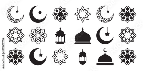 Ramadan kareem icon set featuring crescent moon star mosque dome and arabian flower ornament graphic symbols
