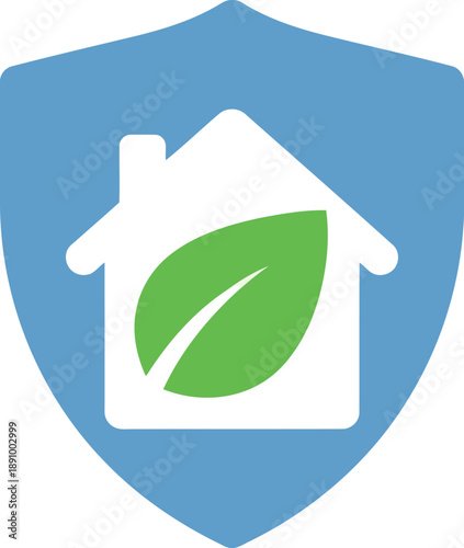 Eco-friendly home protection icon with green leaf and house on blue shield background