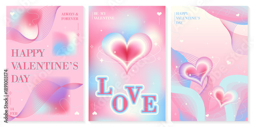 Set of Pastel Gradient Valentine’s Day Posters with Heart Shapes, Modern Romantic Vector Templates