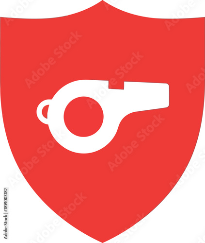 Red Shield with White Whistle Icon for Security, Protection, and Sports Referee Concepts