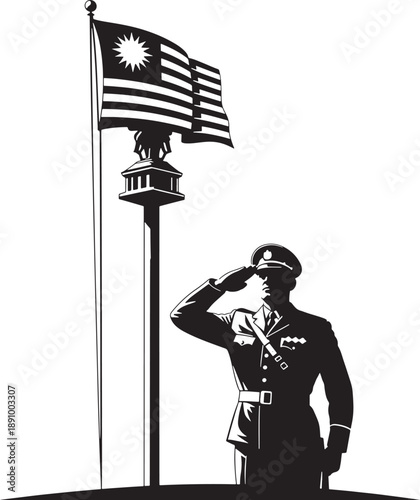 Respectful soldier saluting malaysian flag Vector