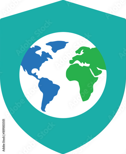 Earth globe icon on shield symbolizing global protection, environmental safety, and eco-friendly security