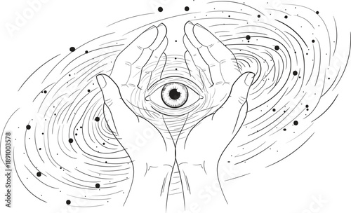 Mystical Hands Holding All-Seeing Eye in Cosmic Galaxy Line Art Illustration