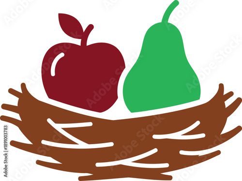 Colorful vector illustration of apple and pear in a rustic brown nest for healthy food concepts