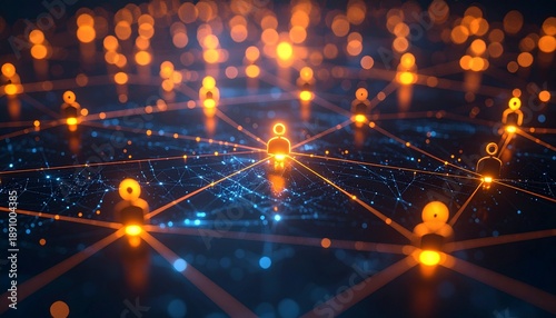 Abstract network of interconnected nodes with glowing orange connections.