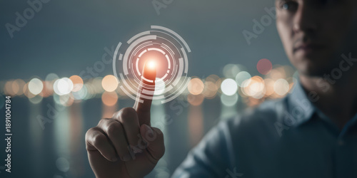 Business outlook economic innovation trend analysis with financial growth view touch background binocular attention attitude futuristic interface digital circle glowing light