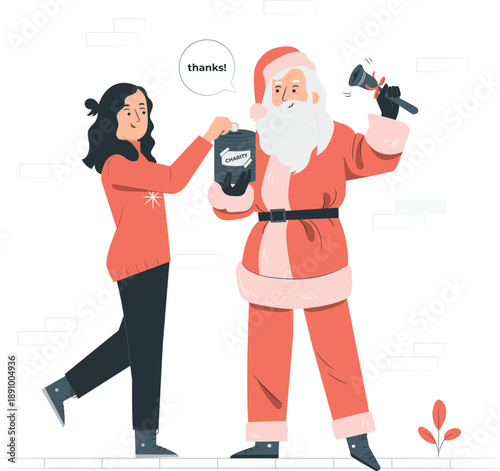 Woman giving a gift to Santa Claus in a festive holiday scene illustration