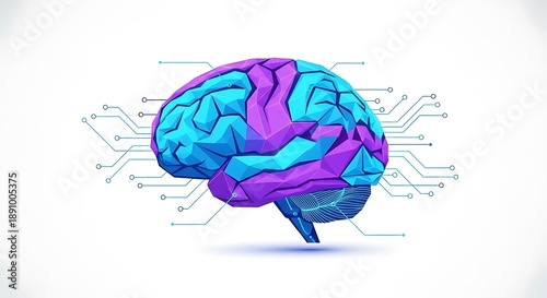 Low poly stylized human brain illustration shows colorful hemispheric divisions connected to abstract digital circuitry.