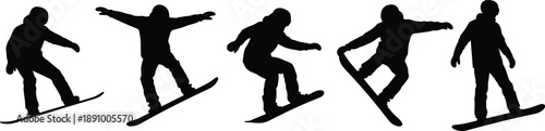 Sequence of snowboarder silhouettes performing jumps and tricks showing winter sport action, extreme movement and outdoor adventure isolated on white background for recreation concepts