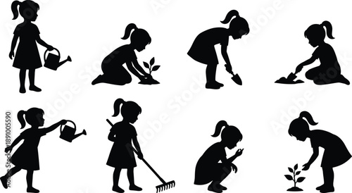 Set of child silhouettes gardening and planting trees showing eco friendly activity, environmental education and nature care isolated on white background for sustainability and learning concepts