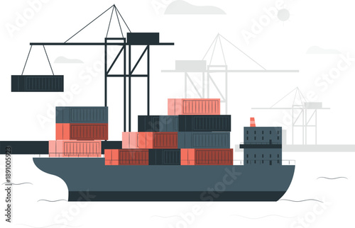 Cargo ship loaded with containers being handled by cranes at a bustling port from a side viewpoint