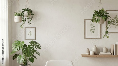 Clean background designed for online meetings with greenery concept. Bright indoor space featuring stylish plants and minimal decor.