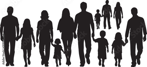 Silhouettes of happy family walking together in unity outdoors