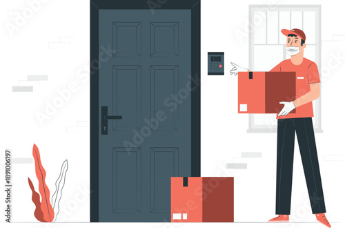 Delivery person in uniform holding packages at the doorstep with a digital door lock