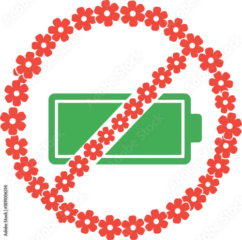 Low Battery Icon with Floral Prohibition Symbol Isolated on White Background for Eco Awareness