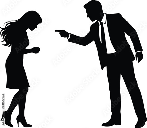 Silhouette of angry man pointing finger at frightened woman symbolizing conflict, blame, emotional abuse and workplace or domestic tension isolated on white background concept