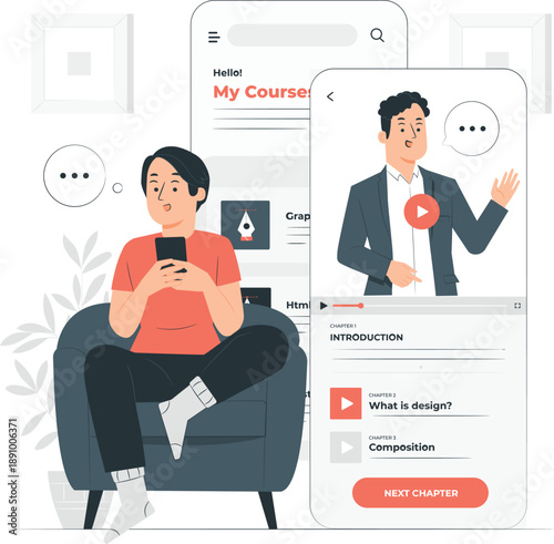 A person watching an online course video on a mobile device while sitting on a couch, with a graphic interface displaying the course content and navigation options.