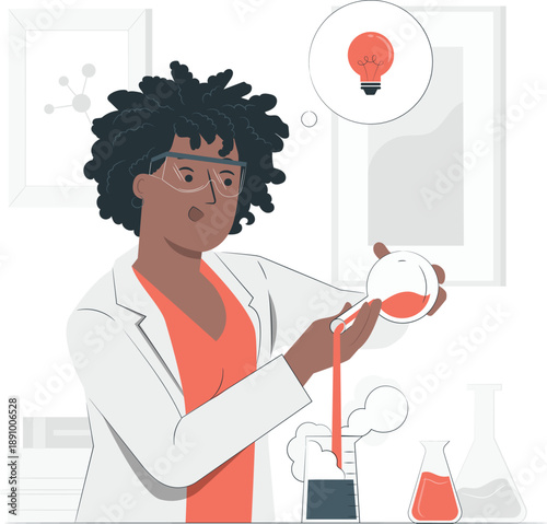 A scientist in a laboratory setting conducts an experiment with various laboratory equipment and chemicals from a frontal viewpoint.