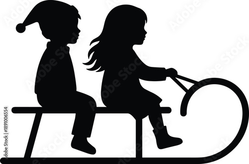 Silhouette of two children riding a sled together showing winter fun, childhood friendship and playful outdoor activity isolated on white background for seasonal and holiday concepts
