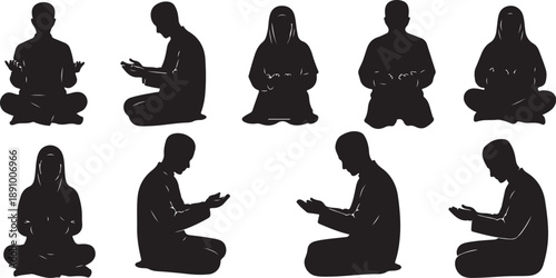 Silhouettes of people sitting in various prayer positions meditating
