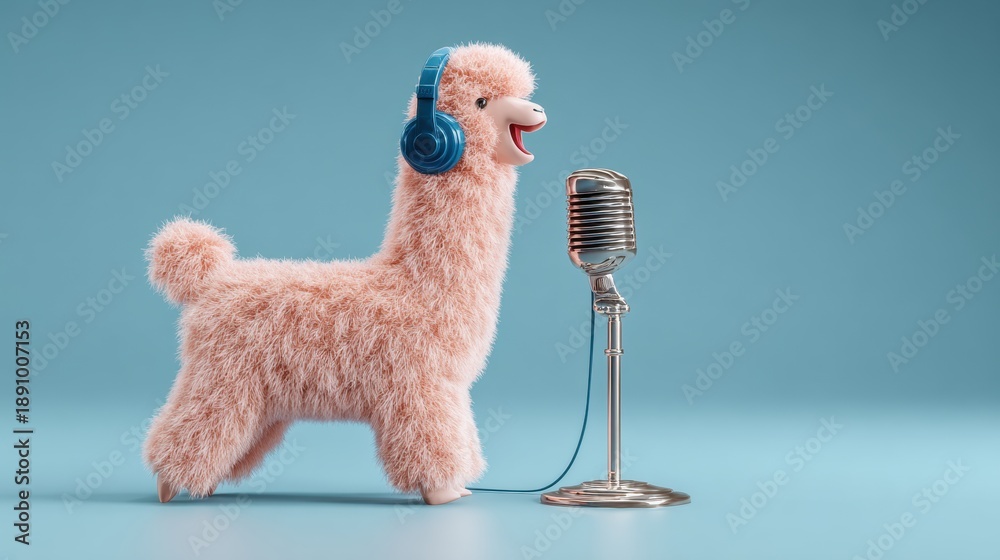 Obraz premium Pink Alpaca Sing at Microphone in Studio with Headphones On Fun Concept