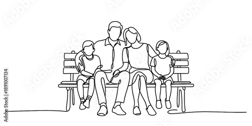 Continuous line art illustration depicting a happy family of four sitting together on a park bench Vector, illustration