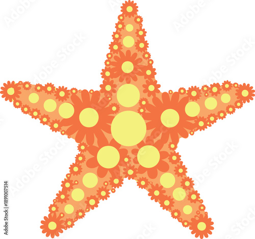 Floral Starfish Illustration with Orange and Yellow Flowers, Decorative Summer Vector Art