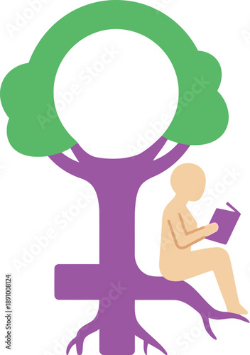 Feminism Symbol Tree with Person Reading Book – Education and Empowerment Concept Illustration
