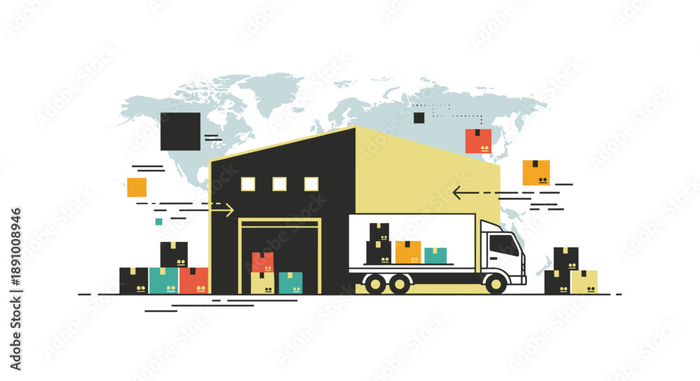 Fototapeta premium Efficient Global Logistics and Supply Chain Operations Modern Warehouse Management with Delivery Truck for Worldwide Package Distribution