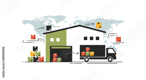 Global supply chain management concept illustration showcasing warehouse, loading truck, and various packages for efficient delivery services with a world map background