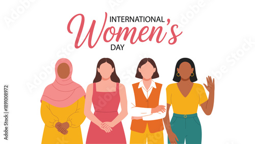 International women’s day illustration featuring diverse confident women celebrating equality, inclusion, empowerment and global female unity on march 8