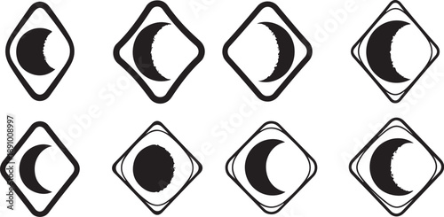 Moon Phases Icons in Diamond Shapes on White Background
