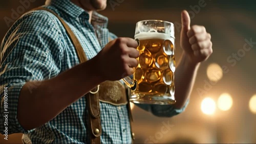 Man in traditional suspenders raising beer stein to toast. Animated sequence of joyful cheers with foam-topped mug in festive hall. Bavarian celebration drinking animation