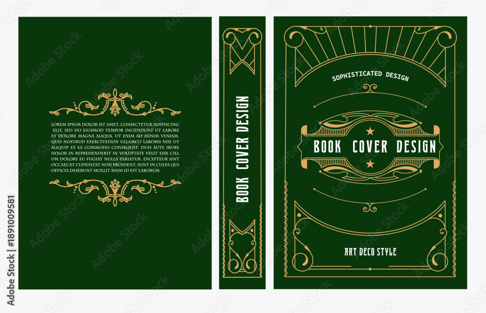 Fototapeta premium Classic vintage book cover and spine with gold and black art deco, art nouveau ornament, decorative frame, elegant retro style for classic publications, posters, artistic layouts