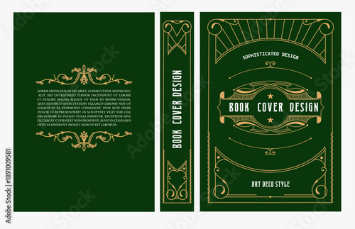 Classic vintage book cover and spine with gold and black art deco, art nouveau ornament, decorative frame, elegant retro style for classic publications, posters, artistic layouts