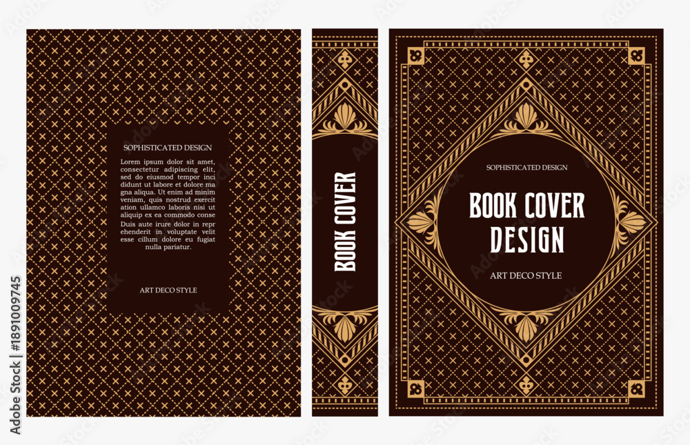 Fototapeta premium Classic vintage book cover and spine with gold and black art deco, art nouveau ornament, decorative frame, elegant retro style for classic publications, posters, artistic layouts