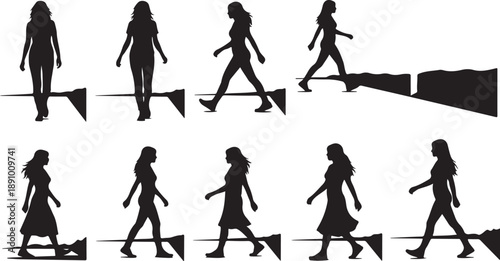 Silhouette of woman walking in various poses and shadows