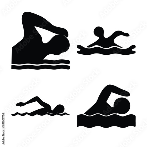 Collection of various black silhouette swimming icons representing different strokes and water activities