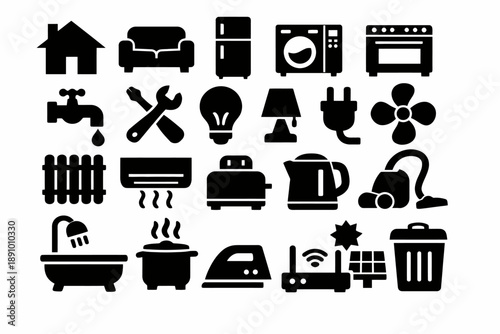 Household appliance icons: essential symbols for home utilities and electronics