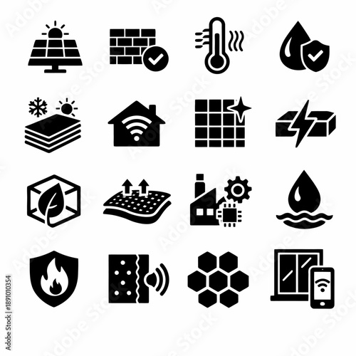 Energy efficiency and smart home icon set: solar panels, insulation, temperature control, water conservation