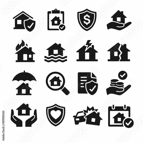 Insurance and real estate icon set featuring homes and protection symbols