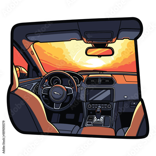 A car's interior with sunset view