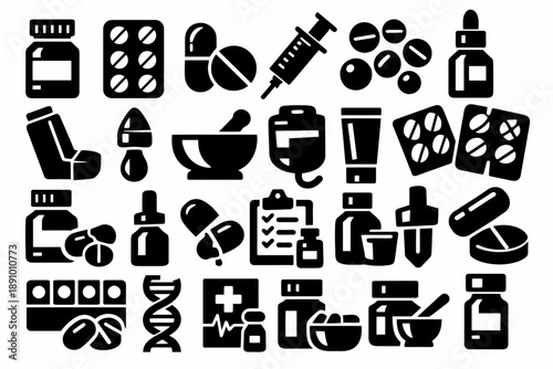 Healthcare icons: medication, pills, syringe, dropper in black silhouette