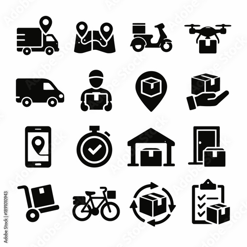 Delivery and logistics icons: transport, tracking, package, warehouse, drone